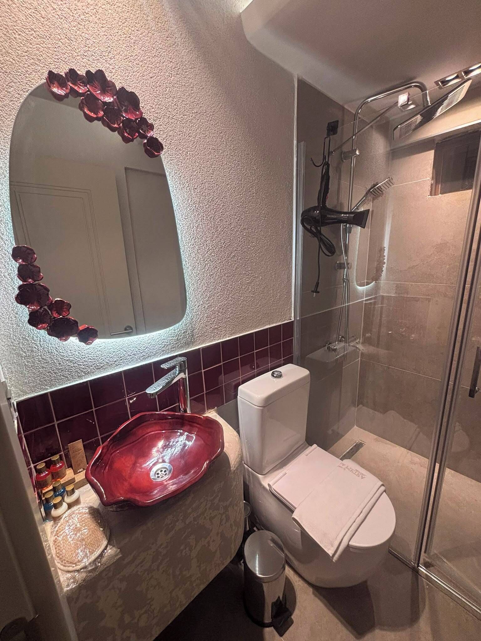 A bathroom with a glass shower enclosure, a white toilet, and a red sink with a decorative mirror above it.