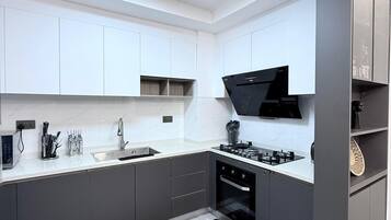 Full-sized fridge, microwave, oven, stovetop