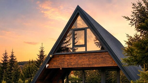 Una cabaña de madera triangular con un ventanal grande, un porche con sillas y vistas a árboles.