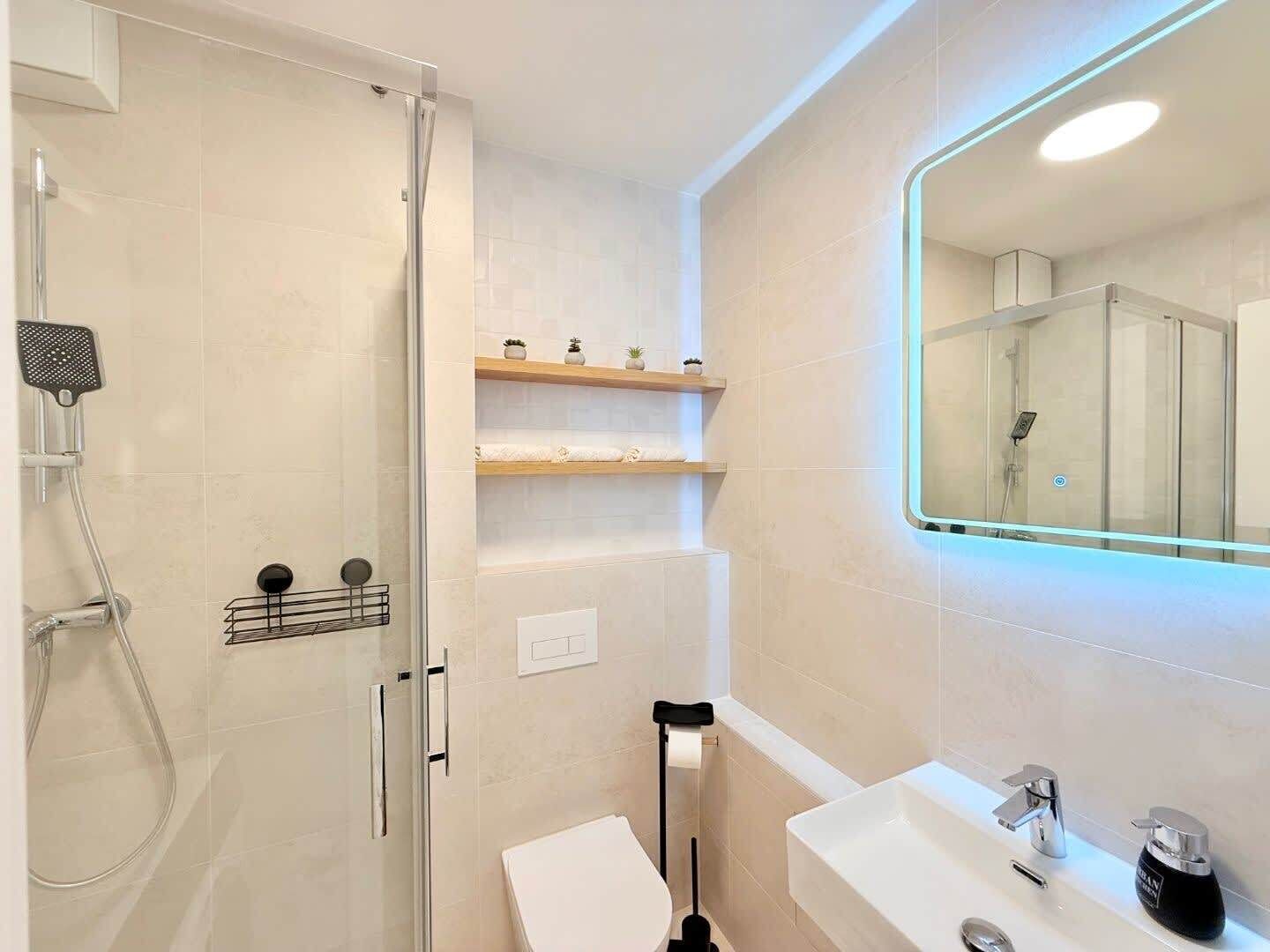 Shower, hair dryer, towels