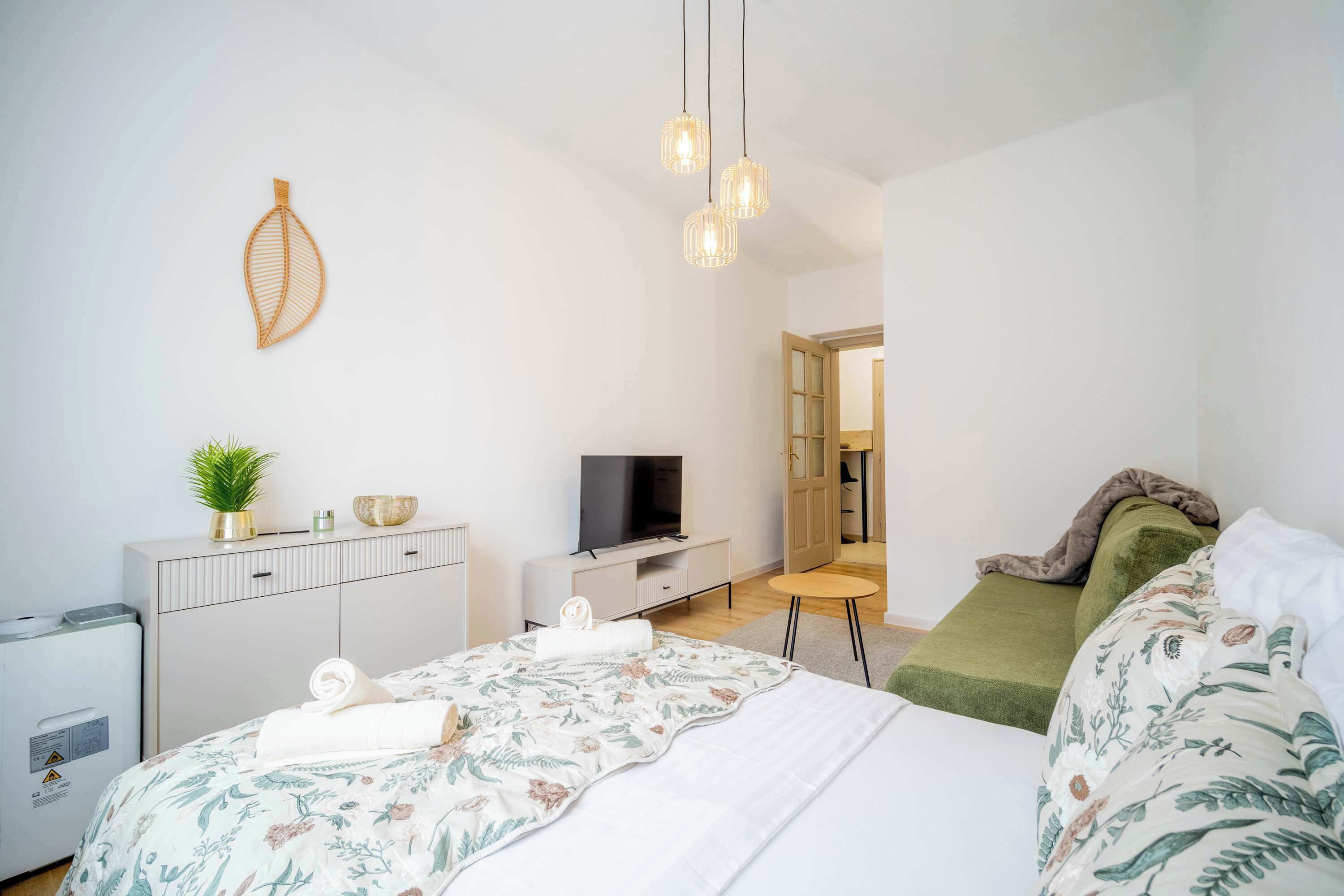 Habitación de hotel con cama, televisor, una mesita, sofá, planta y armario.