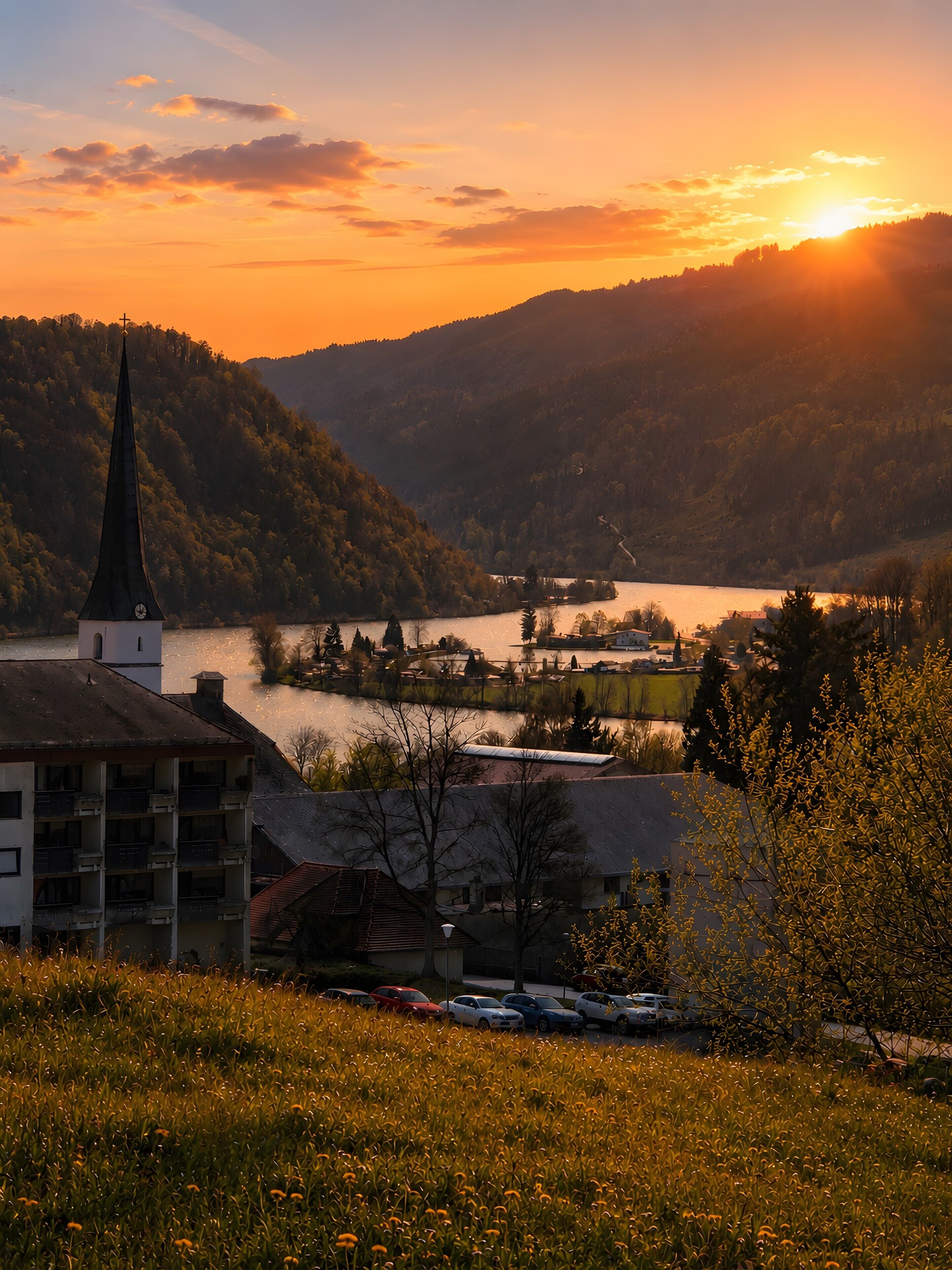 A church with a steeple, a body of water, and a hilly landscape.