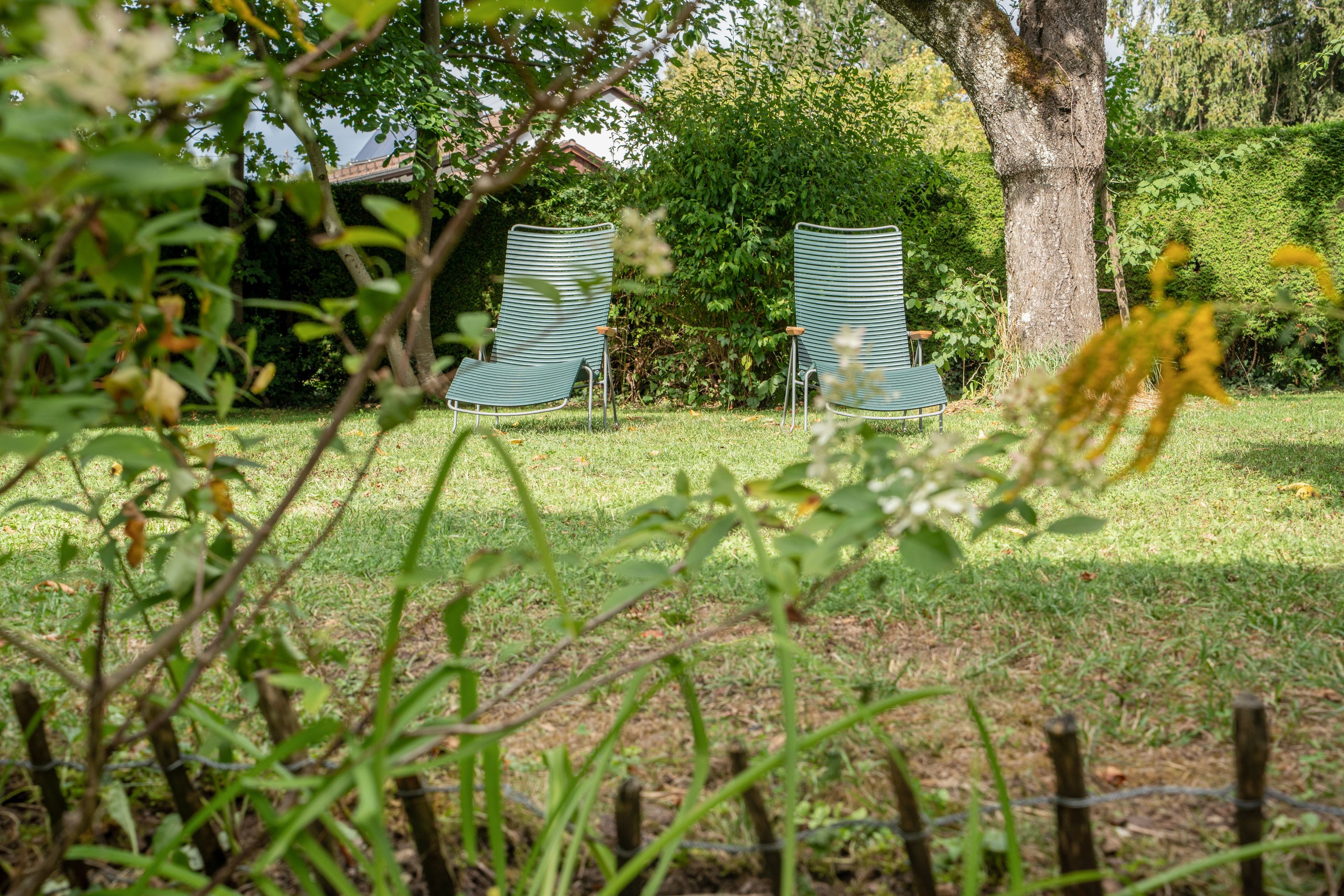 Ein Garten mit zwei Metallstühlen und einem Tisch, umgeben von viel Grün und einem Baum.