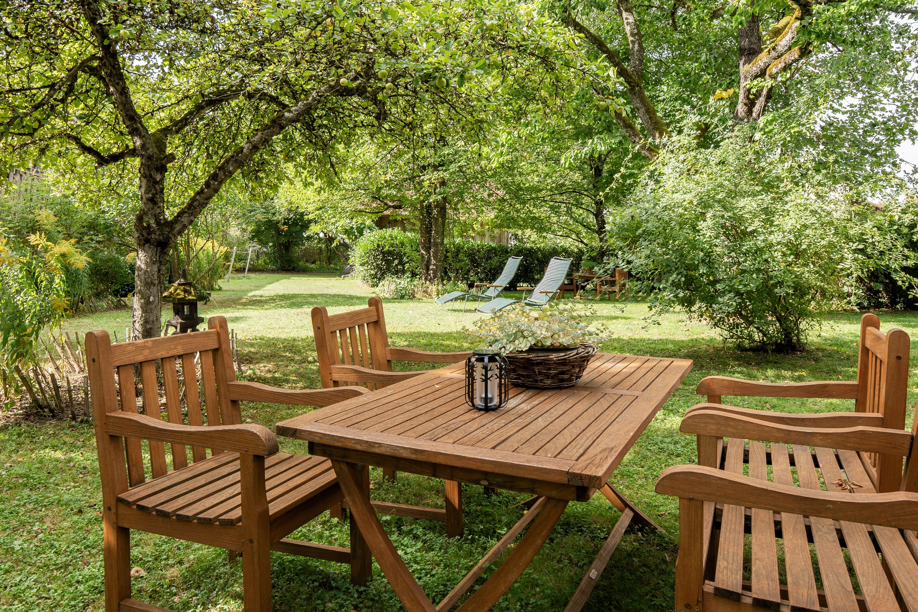 Ein Holztisch mit Stühlen steht draußen vor einer grünen Wiese und Bäumen.