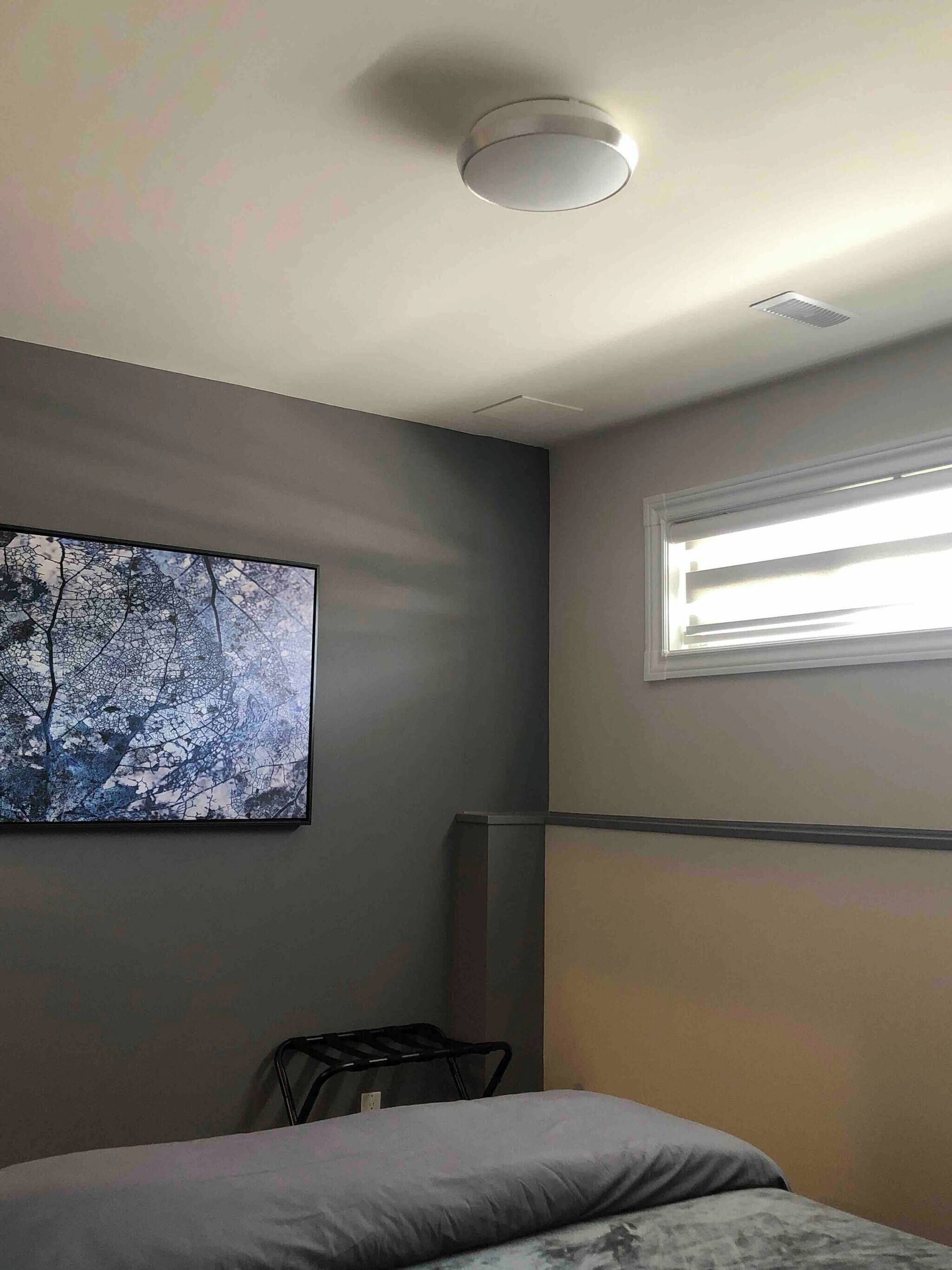 A bedroom with a bed, a window with blinds, a ceiling light, and a wall-mounted picture.
