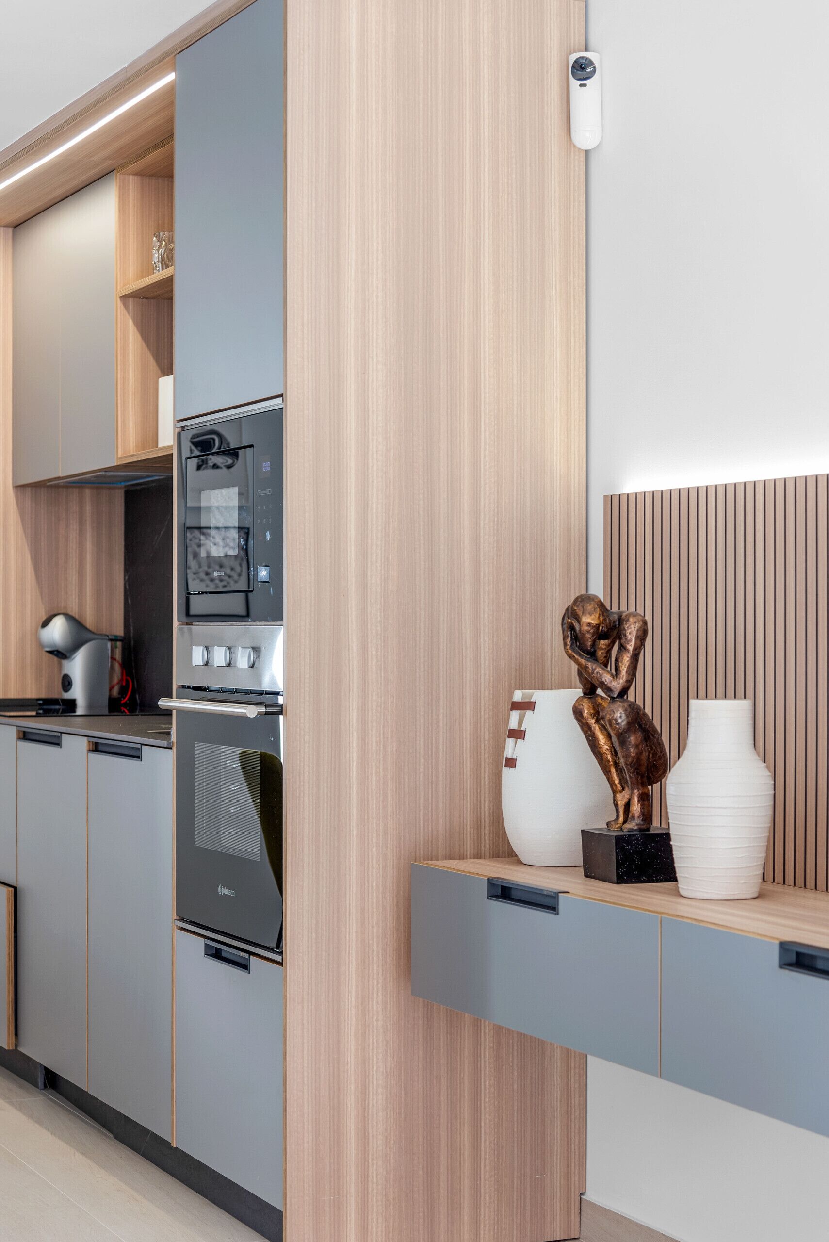 A modern kitchen with built-in appliances, a wooden accent wall, and a sculpture on the counter.
