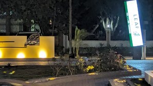 Vista nocturna de un área ajardinada con un sendero pavimentado, plantas iluminadas y un letrero con la palabra 'LEAF'.