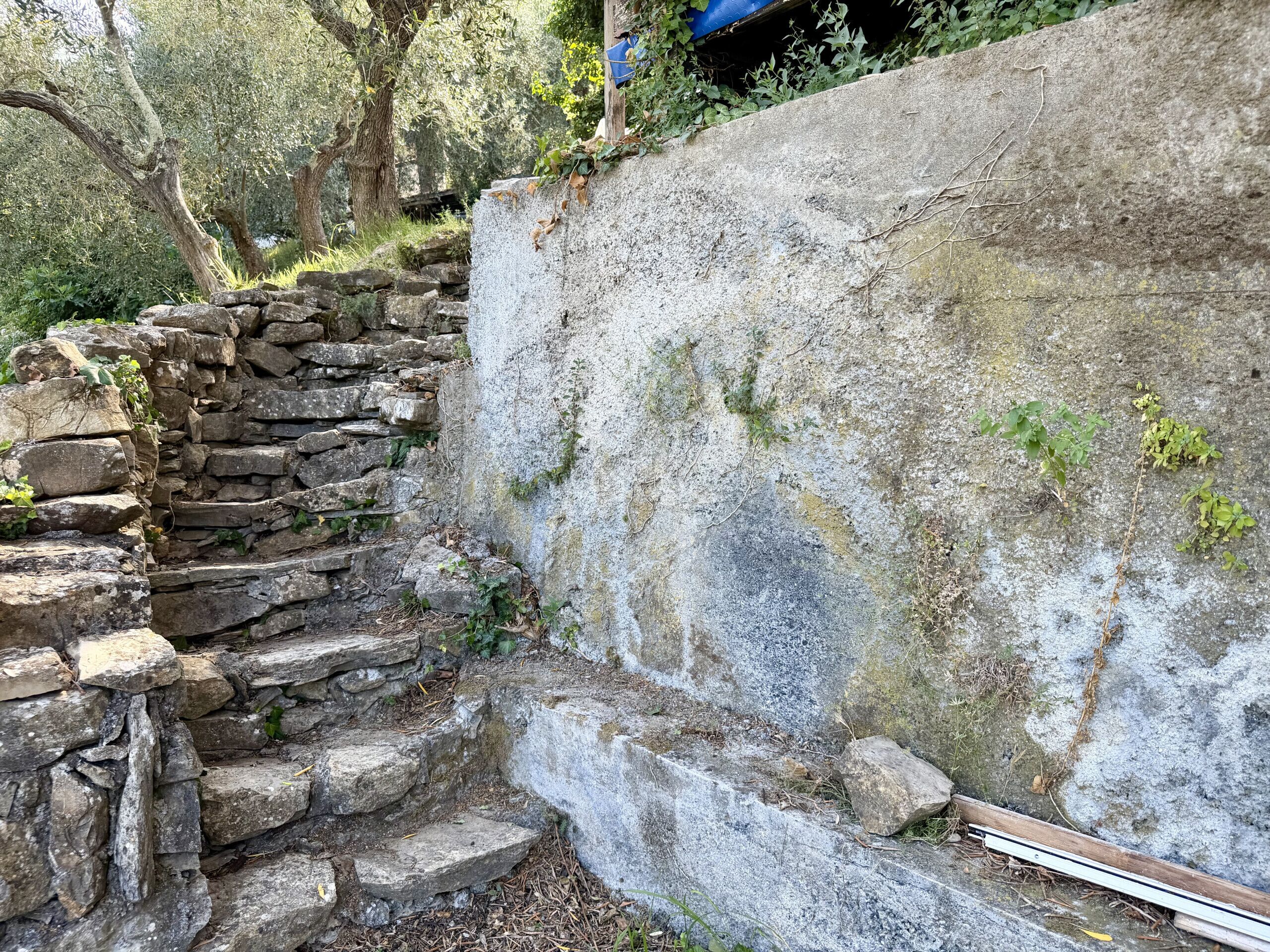 A stone staircase leading up to a stone wall, surrounded by greenery.