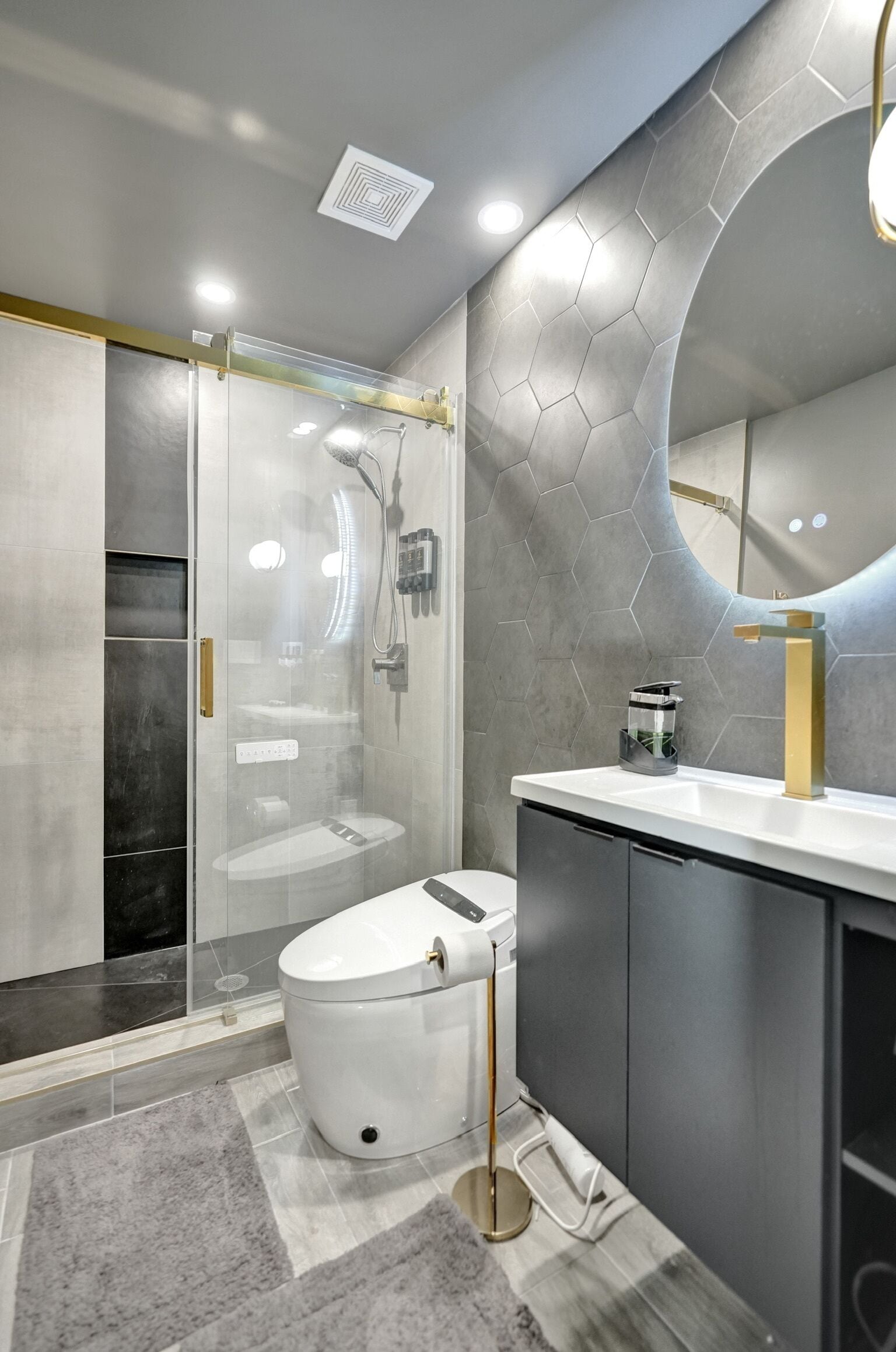Shower, hair dryer, bidet, towels