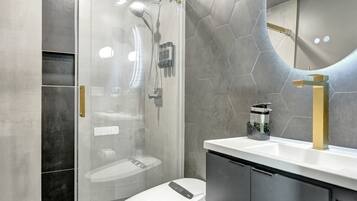 Shower, hair dryer, bidet, towels