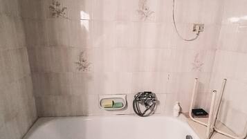 Hair dryer, bidet, towels, soap
