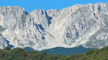 Eine gebirgige Landschaft mit steilen Felsen und dichtem Wald.