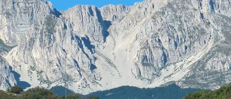 A mountainous landscape with rocky cliffs and dense forest.