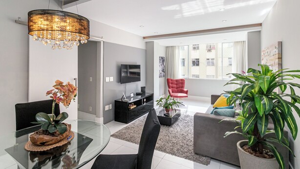 A modern living room with a glass dining table, a red armchair, a sofa, a TV, and a large potted plant. - Copacabana River (Rio de Janeiro)