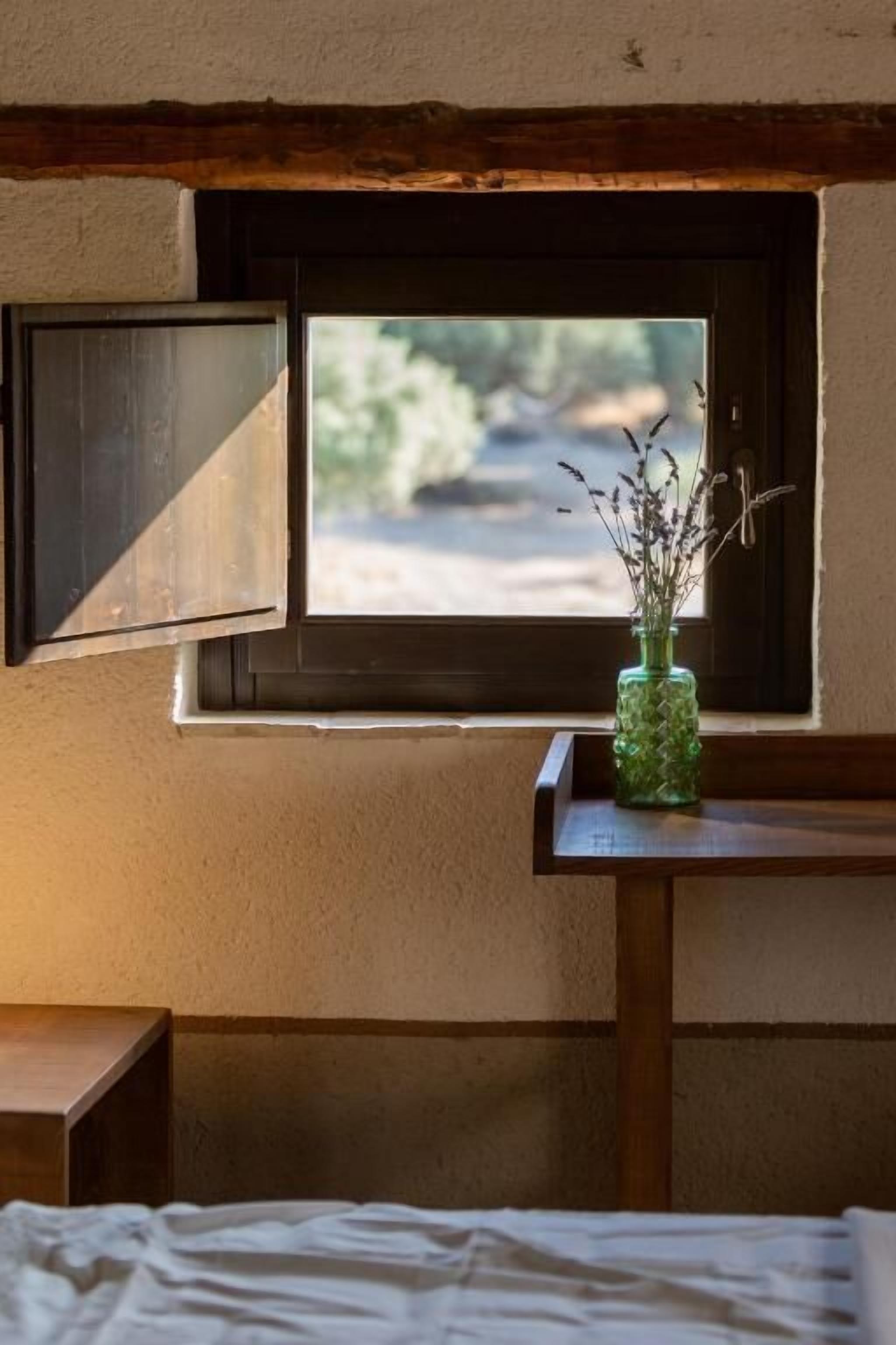 Ventana con vistas a follaje, una mesita con un florero y una cama al frente.