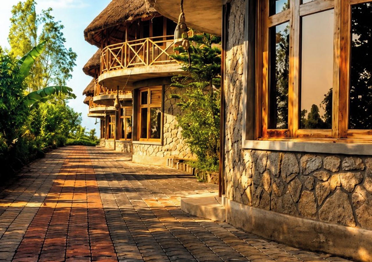A stone building with a balcony, a stone pathway, and a thatched roof structure.