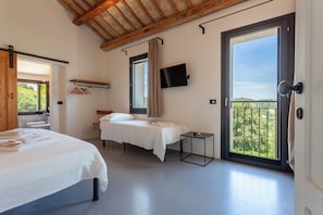 A bedroom with two beds, a TV, and a balcony with a view.