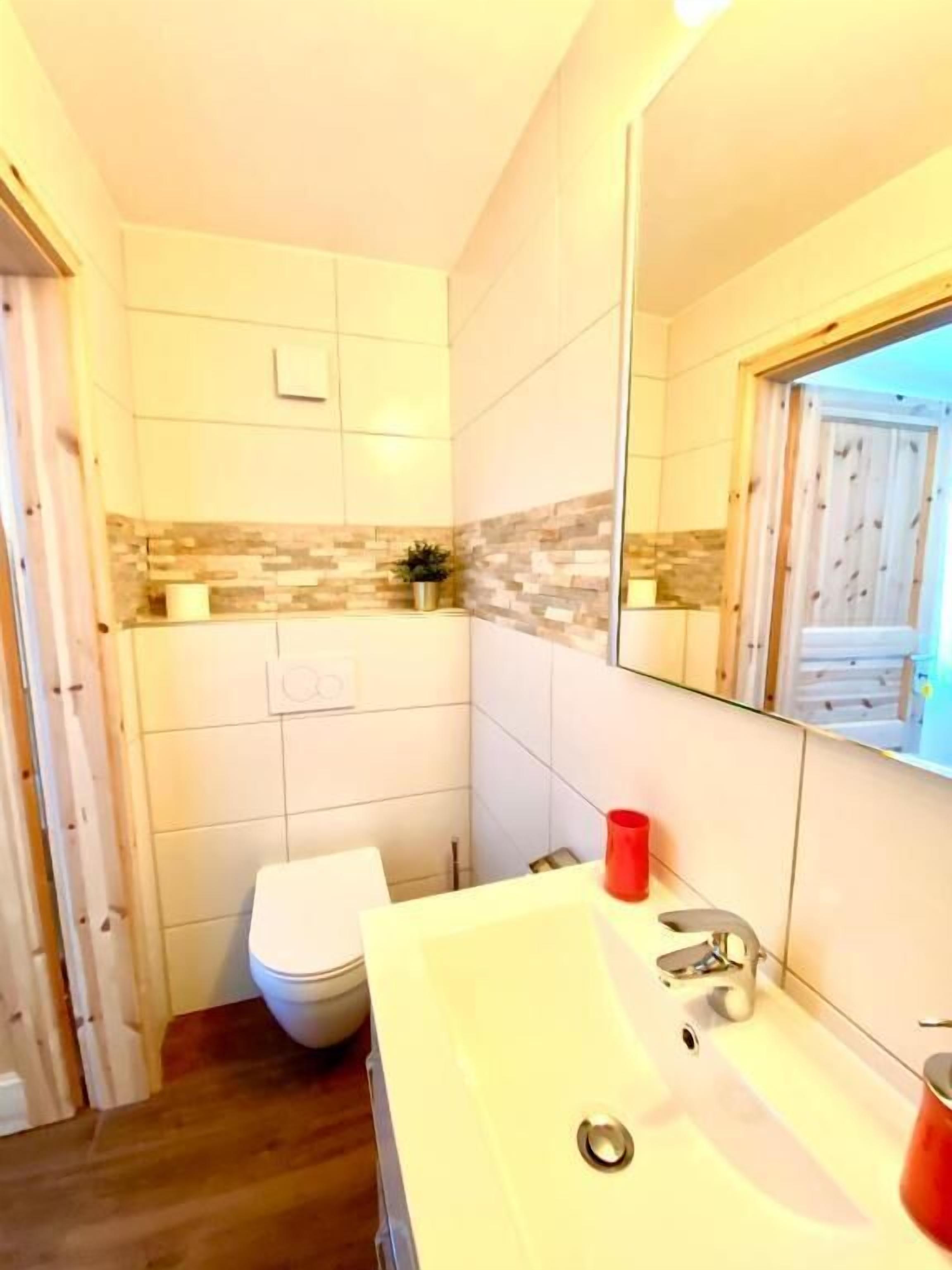 Een badkamer met een witte wastafel, een spiegel en een toilet.