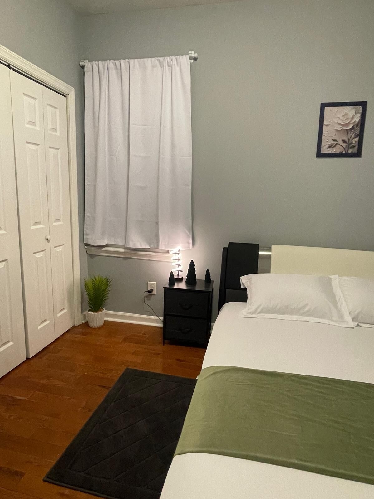 A bedroom with a bed, a nightstand, a potted plant, a window with curtains, and a door.