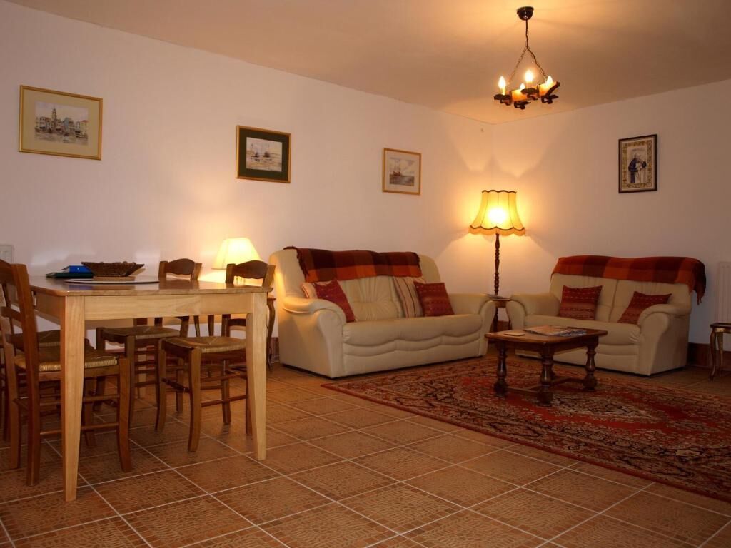 A living room with a dining table, two sofas, a coffee table, and a patterned rug.