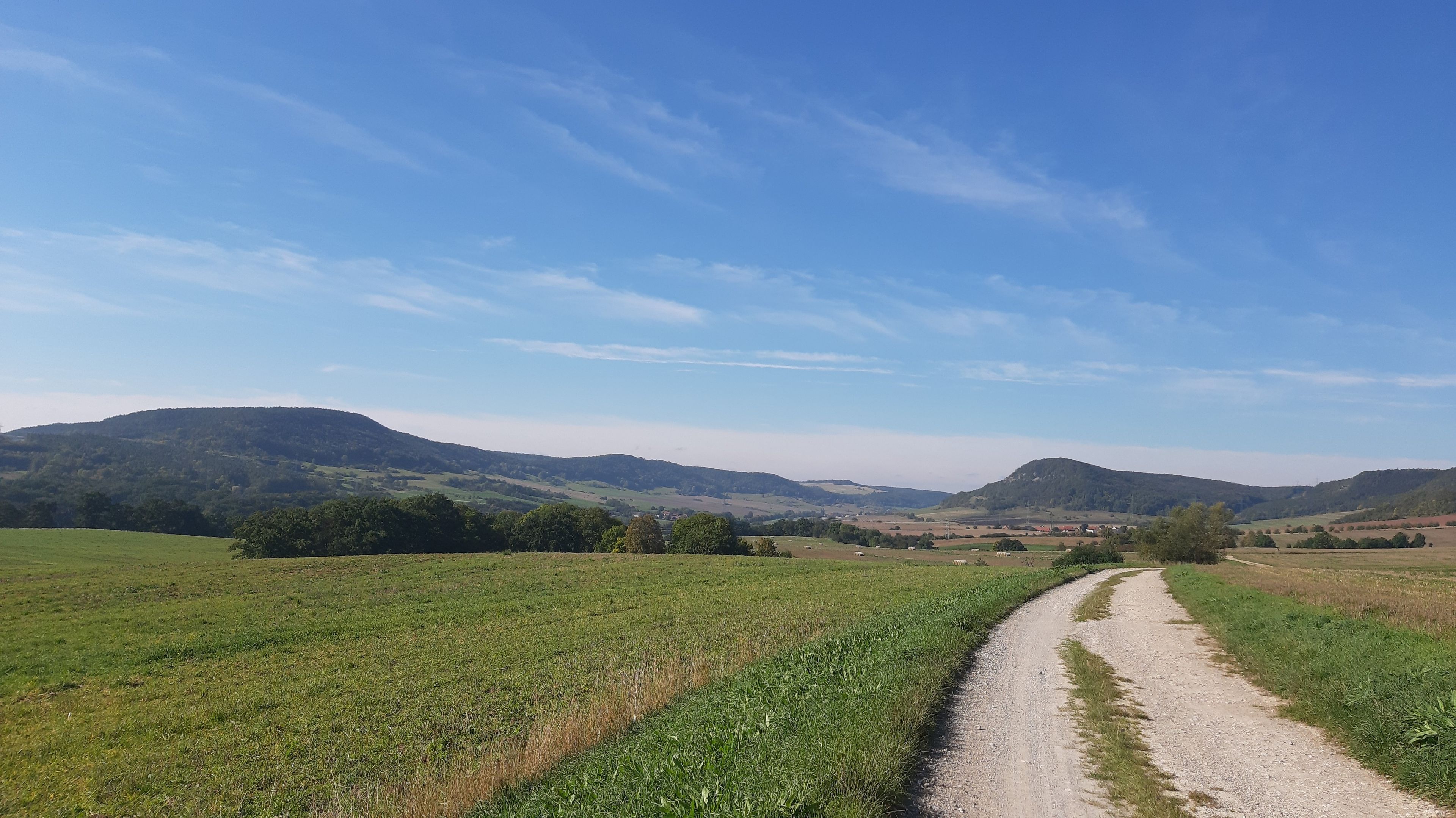 Paisaje rural con un camino de grava que atraviesa campos y colinas.