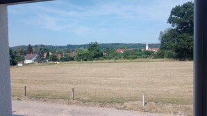 A rural landscape with a field, trees, and houses in the distance.