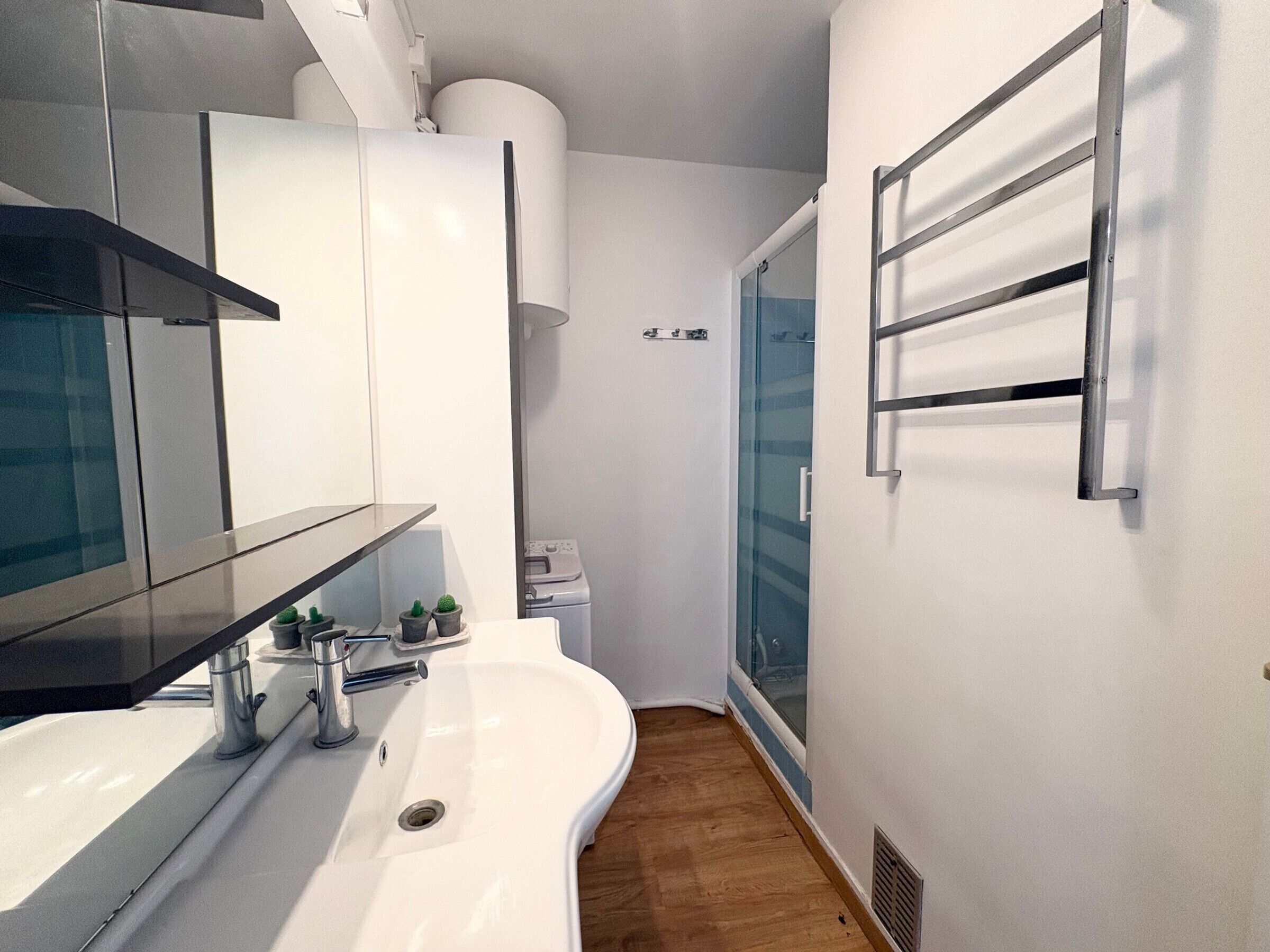 A narrow bathroom with a white sink, a mirror, and a glass shower enclosure.
