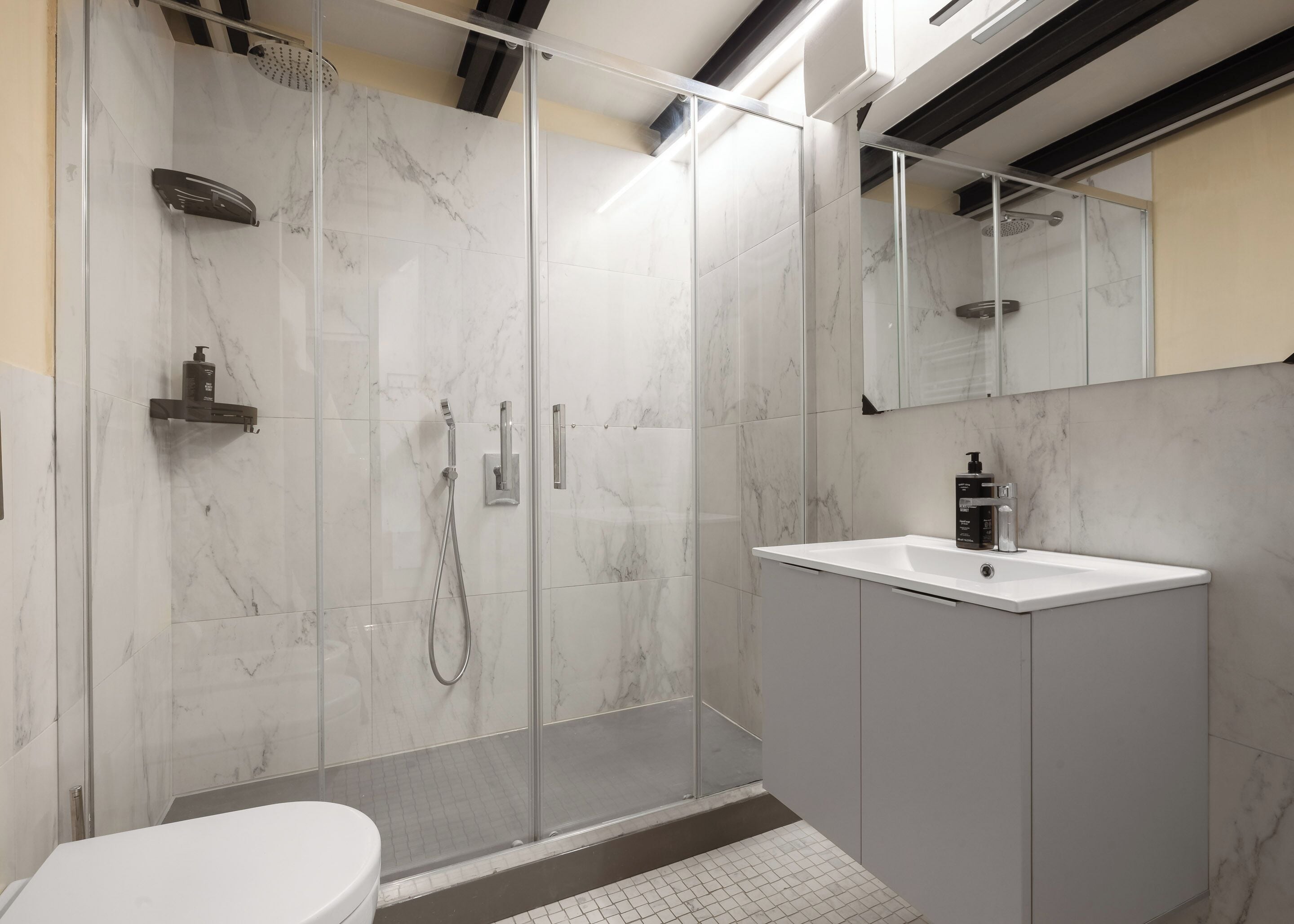 Un baño moderno con ducha envuelta en vidrio, un lavamanos blanco y un inodoro.