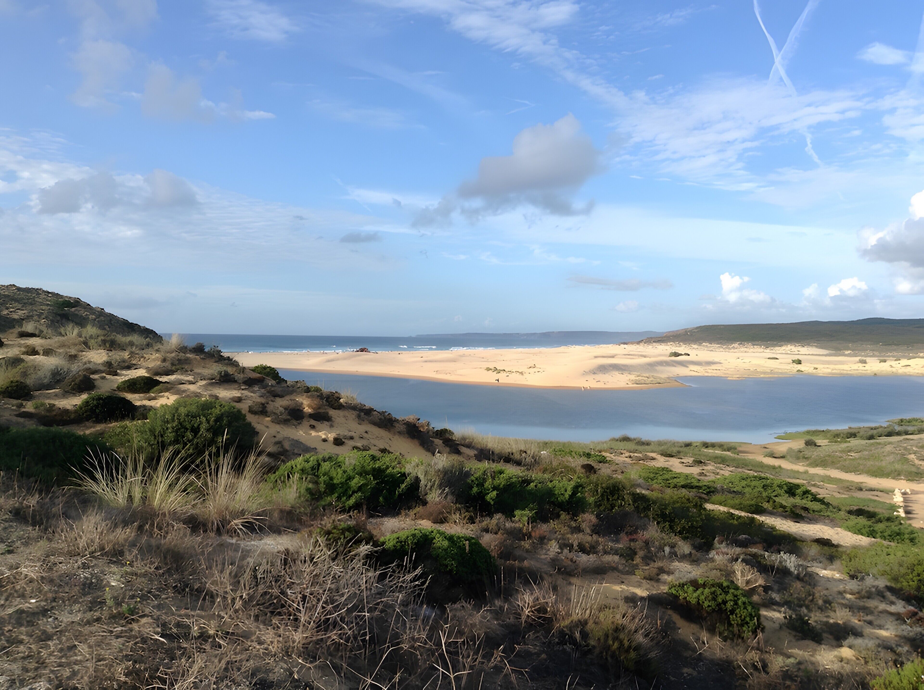 Un paisaje costero con playa, dunas y una masa de agua.