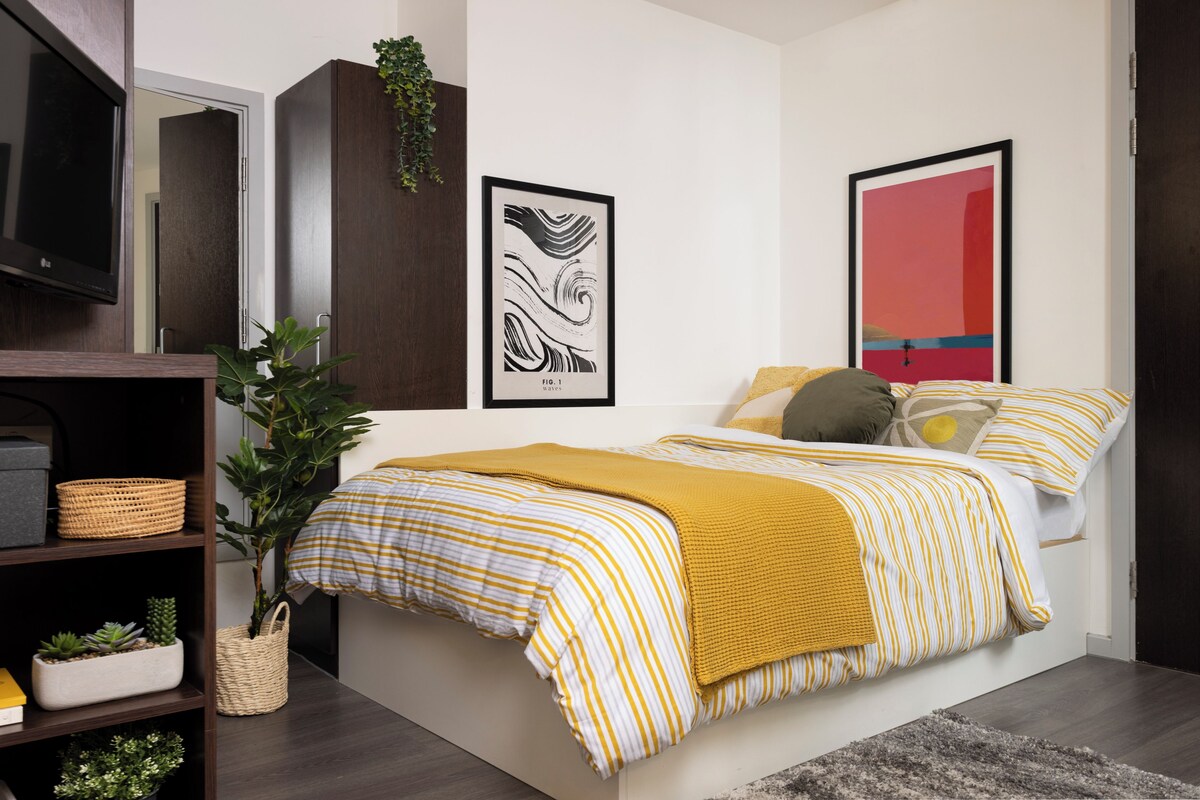 A bedroom with a bed, a television, a plant, and artwork on the wall.