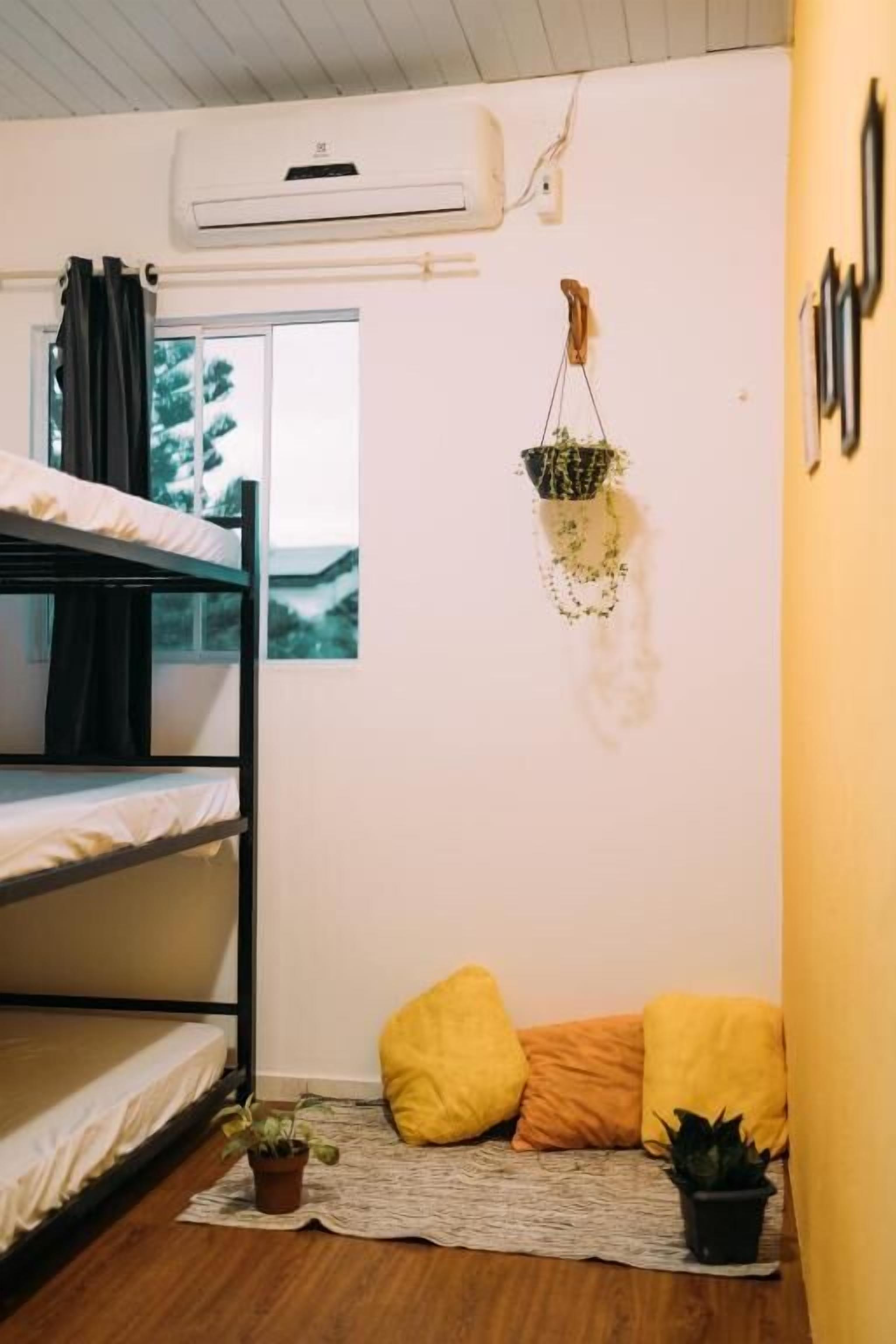 Quarto tipo dormitório com beliches, uma pequena janela, uma planta pendurada e um ar condicionado fixado na parede.
