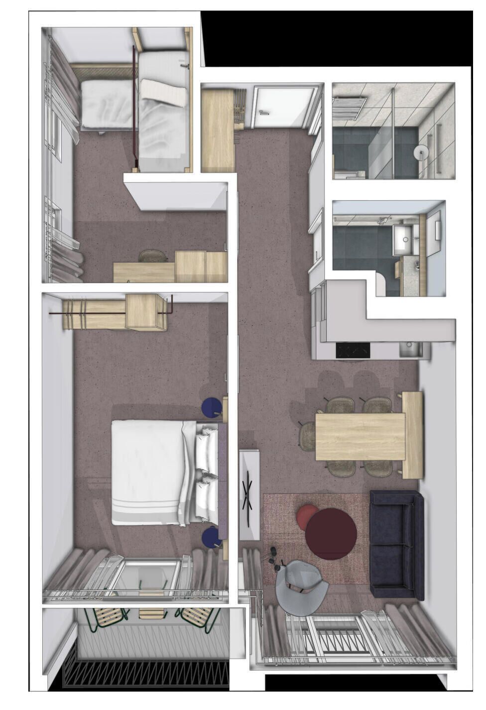 Un plan d’aménagement de chambre d’hôtel comprenant un lit, un bureau, une chaise, une petite table, un canapé et un espace salon circulaire.