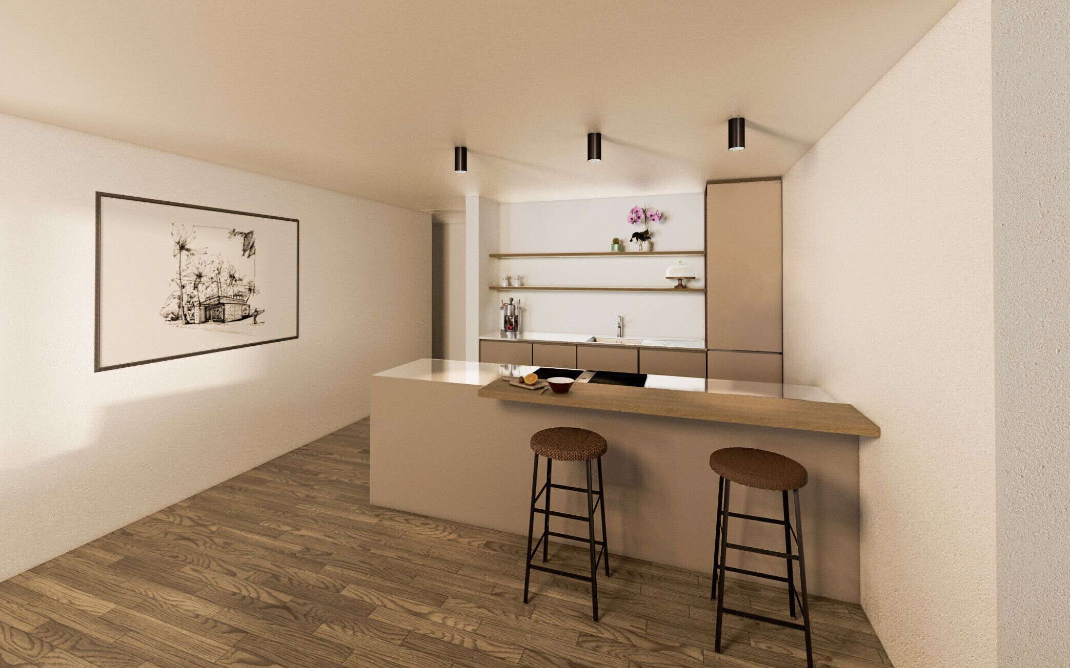 Une cuisine moderne avec un plan de travail en bois, deux tabourets et un tableau encadré au mur.