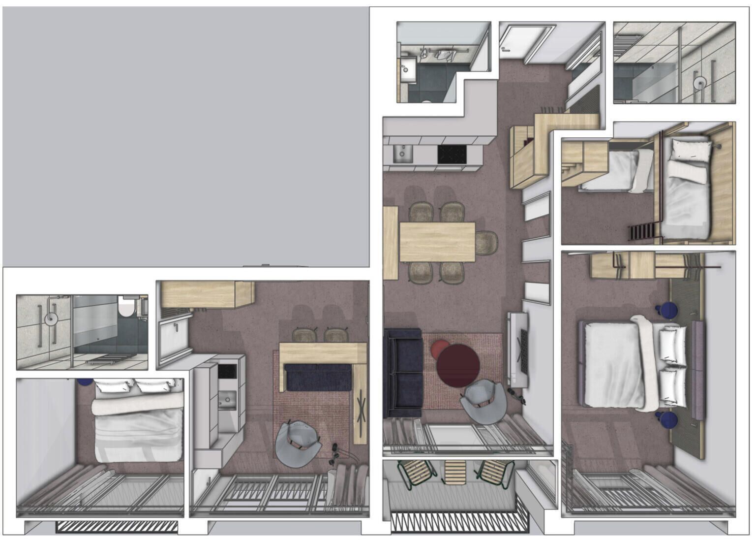 Habitació d'hotel amb llit, escriptori, cadira, taula petita i zona d'estar amb taula rodona i seients.