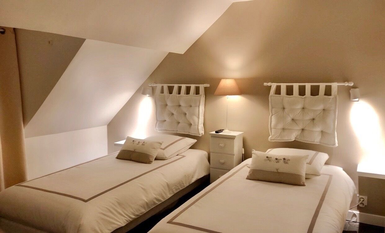 Een kamer met twee bedden, elk voorzien van een hoofdbord, nachtkastjes en lampen.