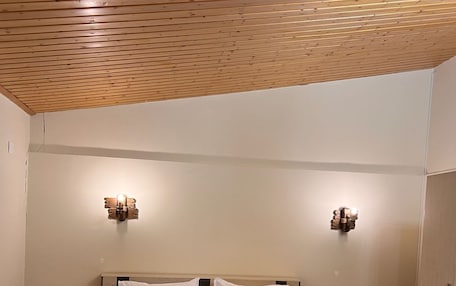 A bedroom with a wooden ceiling, two bedside lamps, a bed with a brown headboard, a nightstand with a phone, and a wardrobe.