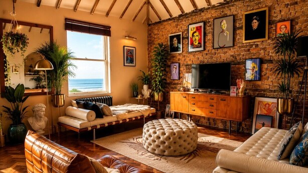 A cozy living room with a brick wall, a large window, and a fireplace.