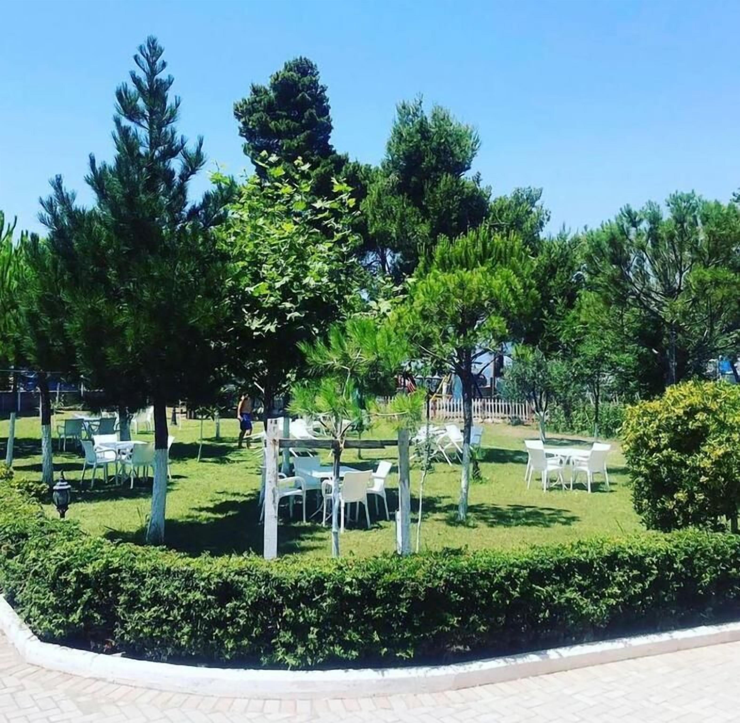 Un parc doté d’un espace extérieur aménagé avec des sièges, des arbres et un ciel dégagé.