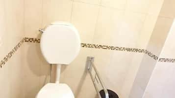 Casa de banho com sanita, bidé e barra de apoio.