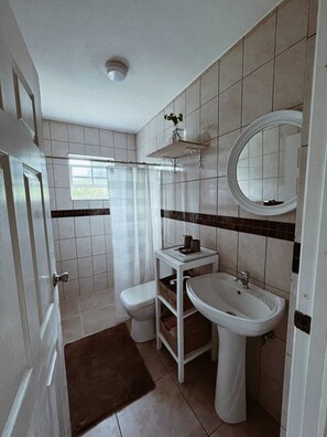 Een douche, een haardroger, handdoeken, zeep
