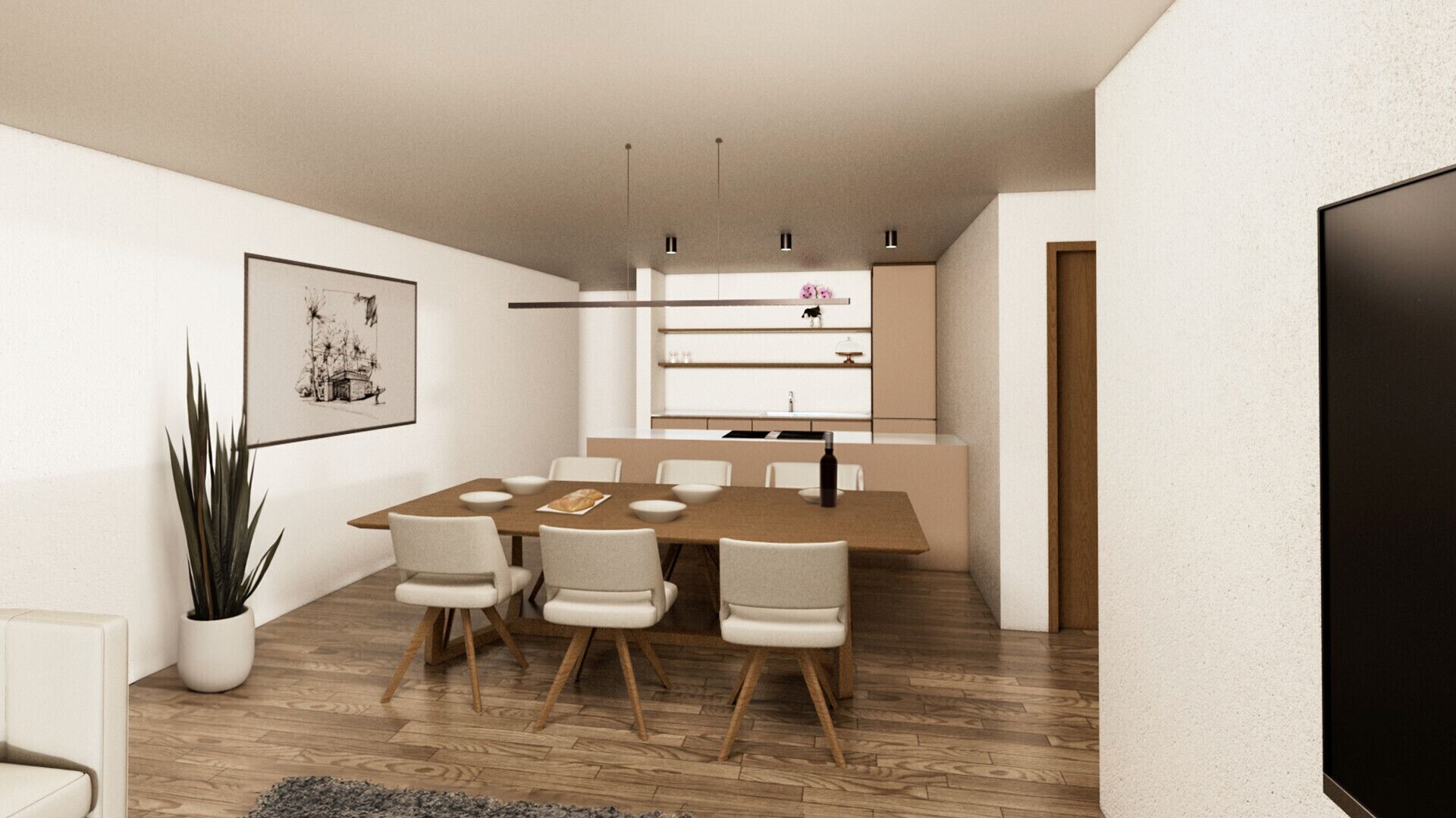 Un comedor moderno con una mesa de madera y sillas blancas, una planta en maceta y una cocina al fondo.