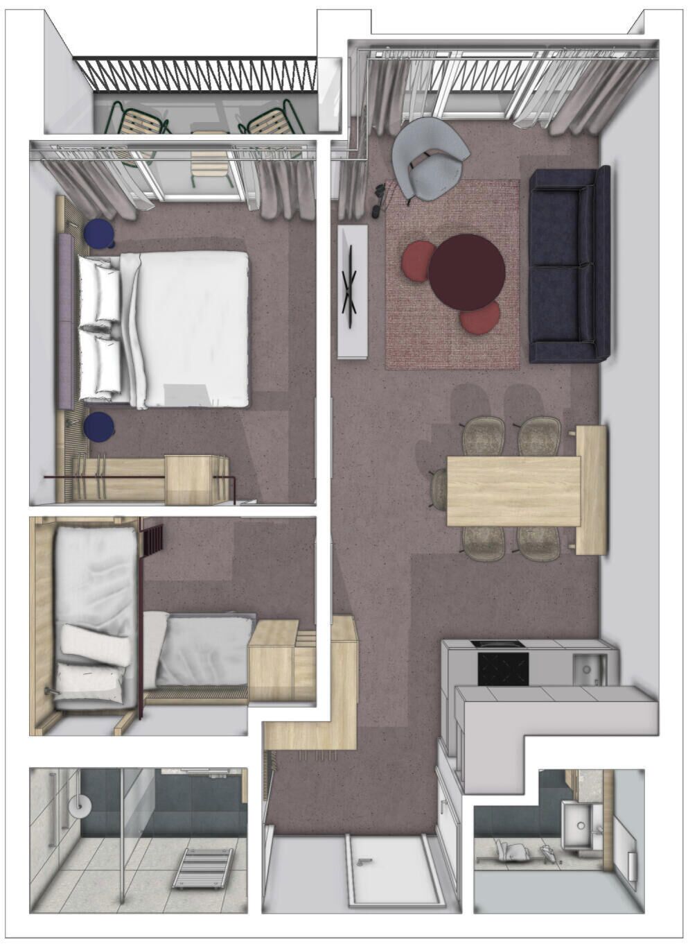 A hotel room layout with a bed, seating area, kitchenette, and bathroom.