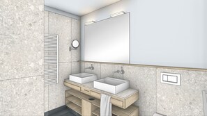Casa de banho com duas pias, um espelho e um porta-toalhas.