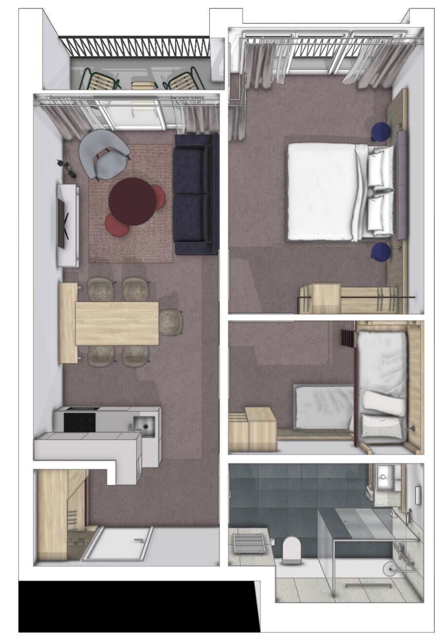 A hotel room layout with a bed, seating area, and kitchenette.