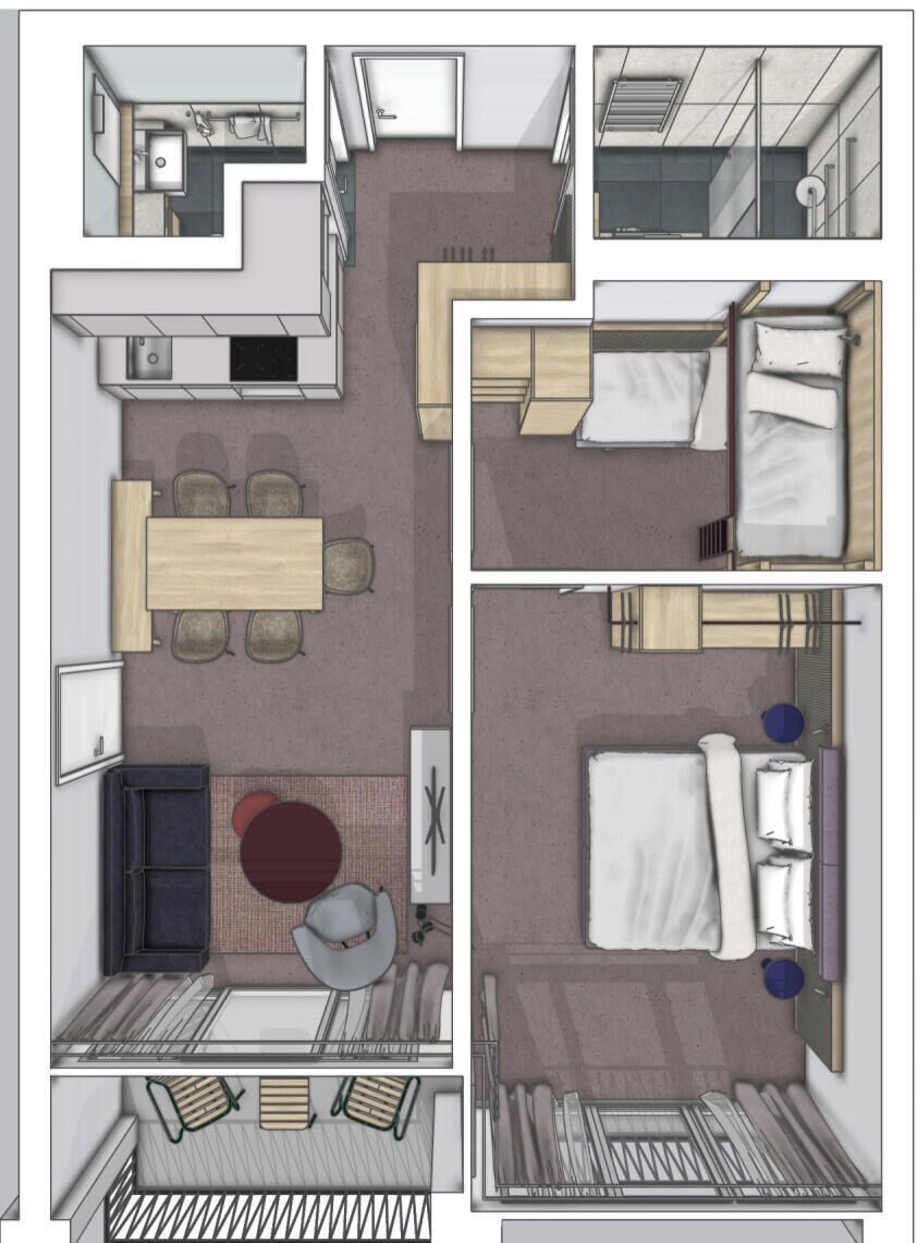 Une chambre d’hôtel comprenant un lit, un bureau, une chaise, une petite table et un canapé.