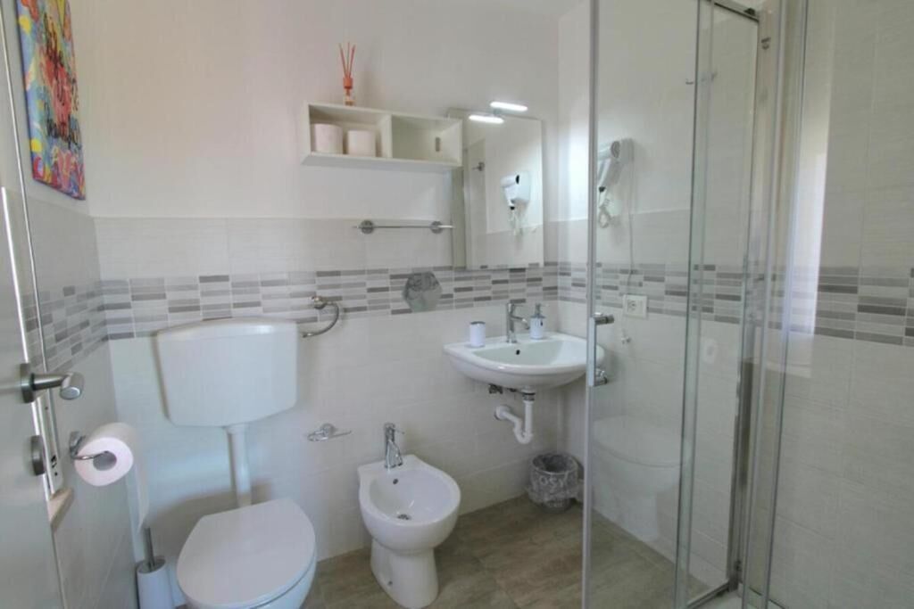 Driepersoonskamer | Badkamer | Een douche, een haardroger, handdoeken, zeep