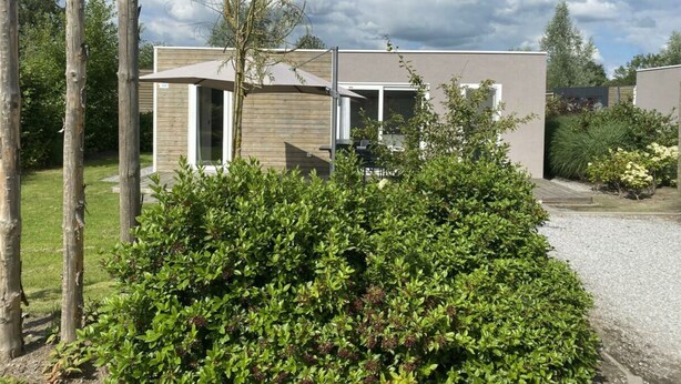 Ein modernes Gebäude mit Holzfassade, einer überdachten Außenbereich-Sitzgelegenheit und einem gepflegten Garten.