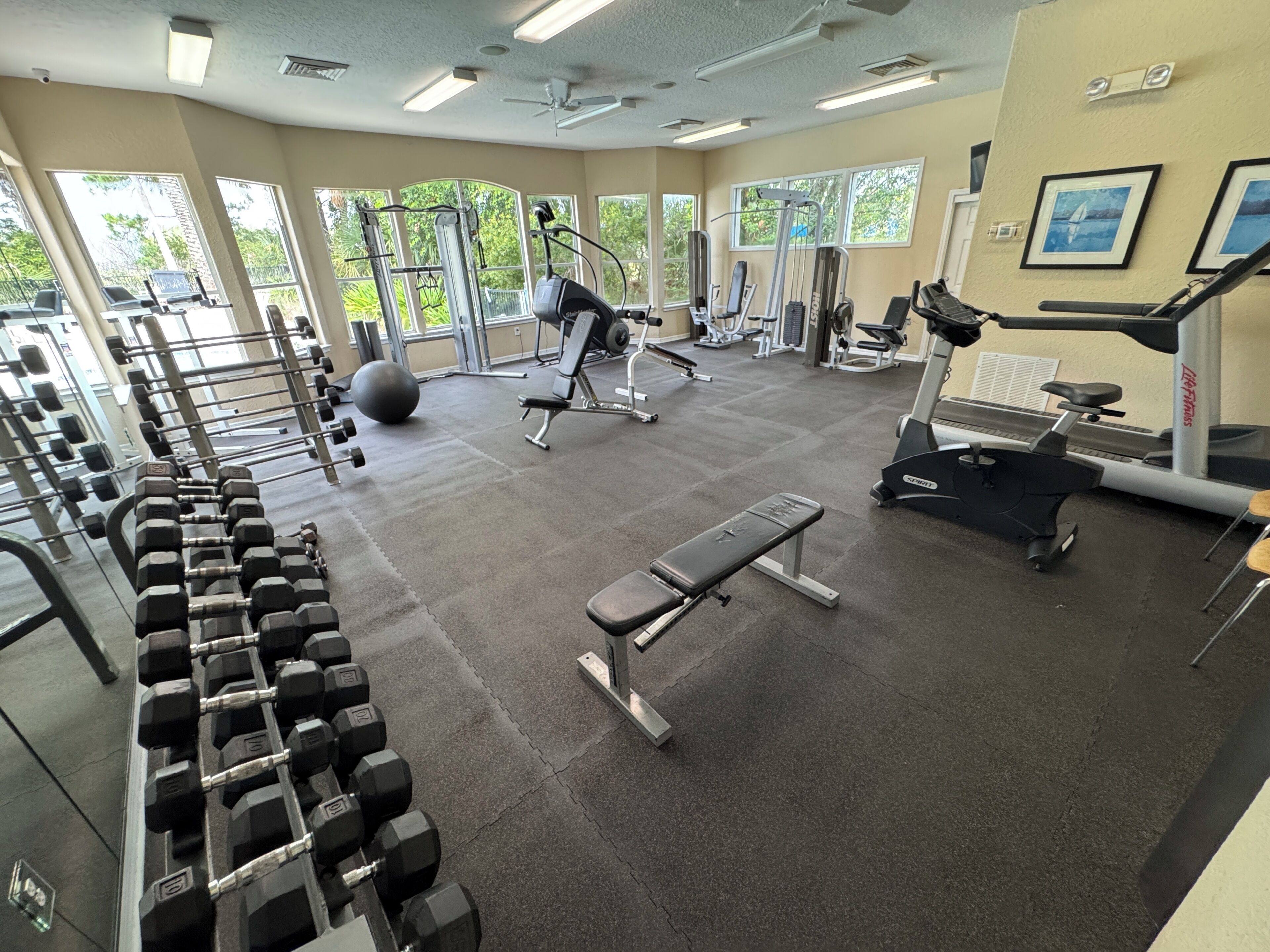 Een sportschool met trainingsapparatuur, banken en gewichten.