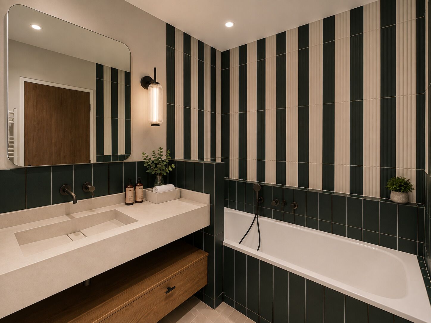 Un baño moderno con tocador de doble lavabo, un espejo grande, un aplique de pared y una bañera independiente.