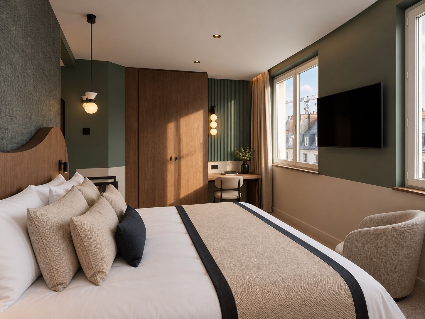 A modern hotel room with a large bed, a desk, a television, and a view of the city.